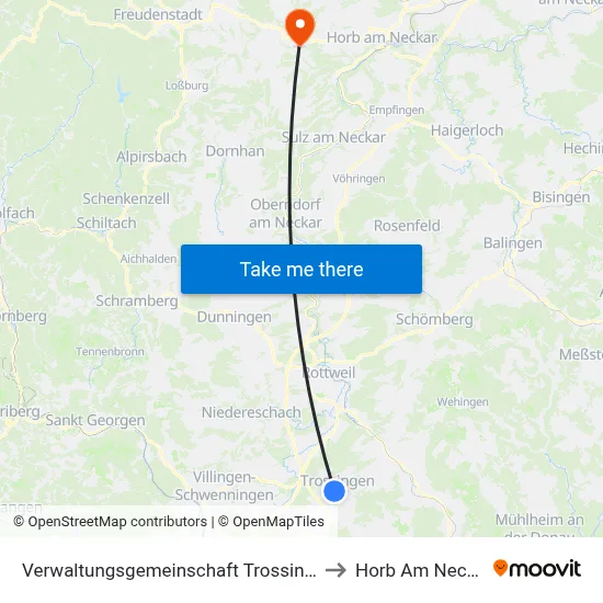 Verwaltungsgemeinschaft Trossingen to Horb Am Neckar map
