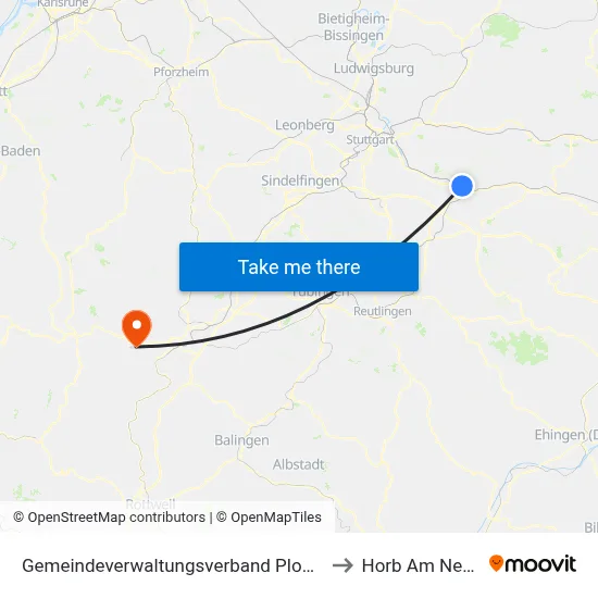 Gemeindeverwaltungsverband Plochingen to Horb Am Neckar map