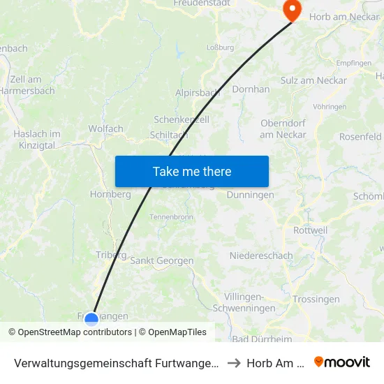 Verwaltungsgemeinschaft Furtwangen Im Schwarzwald to Horb Am Neckar map