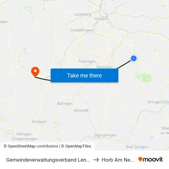 Gemeindeverwaltungsverband Lenningen to Horb Am Neckar map