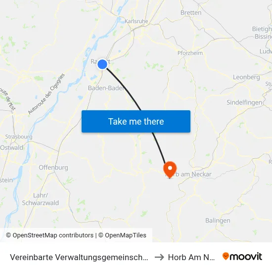 Vereinbarte Verwaltungsgemeinschaft Rastatt to Horb Am Neckar map