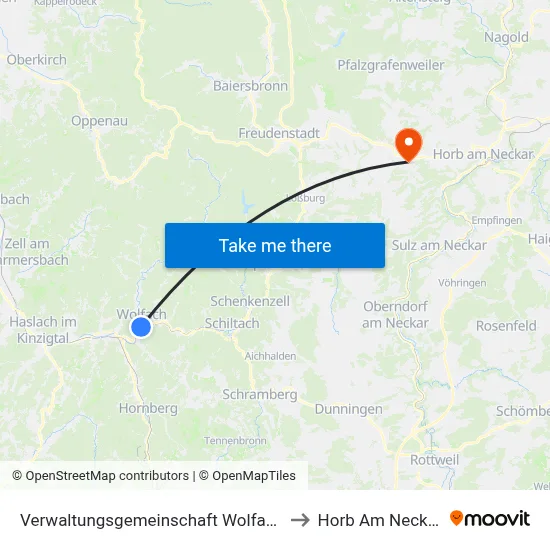 Verwaltungsgemeinschaft Wolfach to Horb Am Neckar map