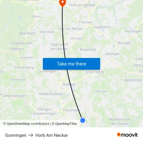 Gunningen to Horb Am Neckar map