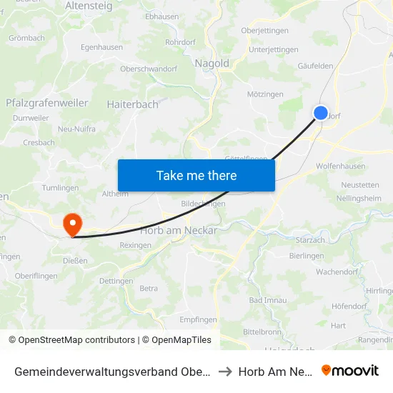 Gemeindeverwaltungsverband Oberes Gäu to Horb Am Neckar map