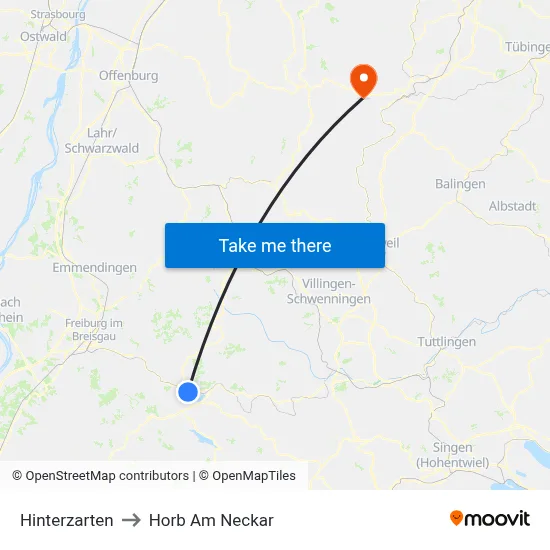 Hinterzarten to Horb Am Neckar map