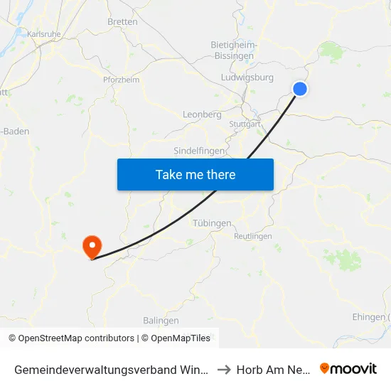 Gemeindeverwaltungsverband Winnenden to Horb Am Neckar map