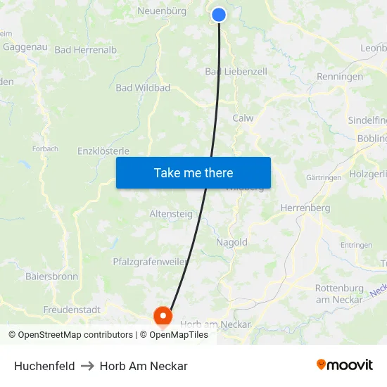 Huchenfeld to Horb Am Neckar map