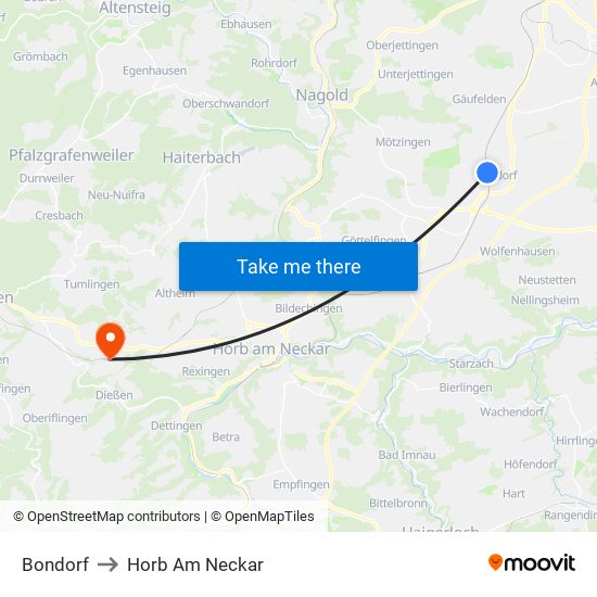 Bondorf to Horb Am Neckar map