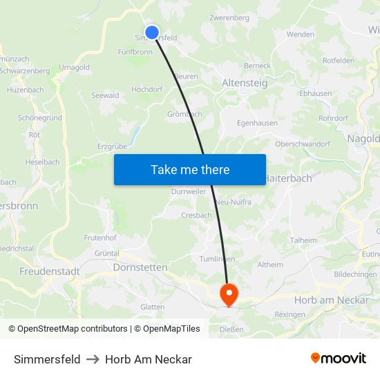 Simmersfeld to Horb Am Neckar map