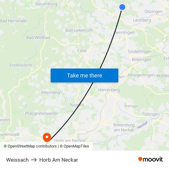 Weissach to Horb Am Neckar map