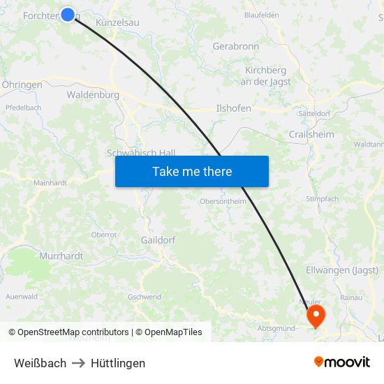 Weißbach to Hüttlingen map