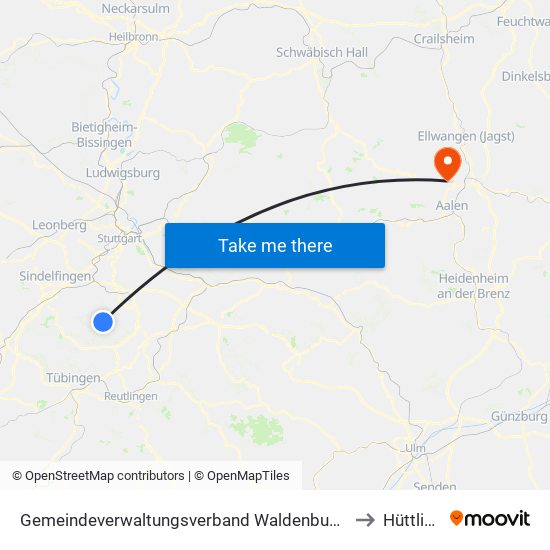 Gemeindeverwaltungsverband Waldenbuch/Steinenbronn to Hüttlingen map