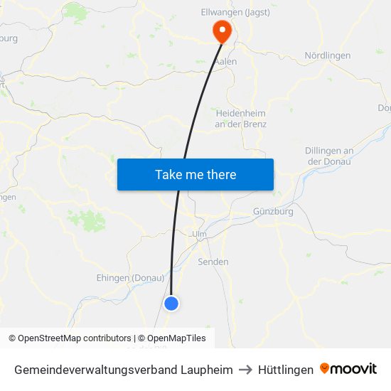 Gemeindeverwaltungsverband Laupheim to Hüttlingen map