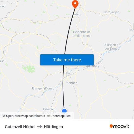 Gutenzell-Hürbel to Hüttlingen map