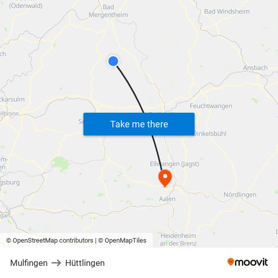 Mulfingen to Hüttlingen map