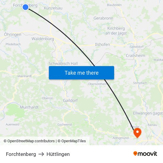 Forchtenberg to Hüttlingen map
