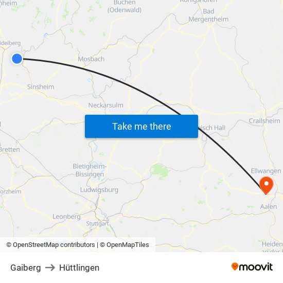 Gaiberg to Hüttlingen map