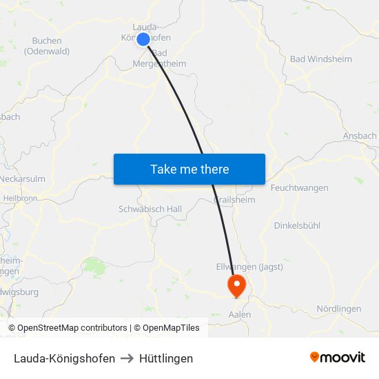 Lauda-Königshofen to Hüttlingen map