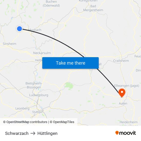 Schwarzach to Hüttlingen map