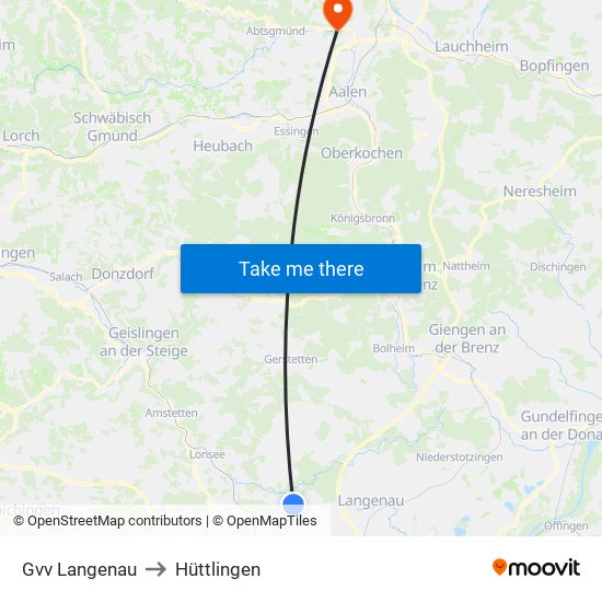 Gvv Langenau to Hüttlingen map