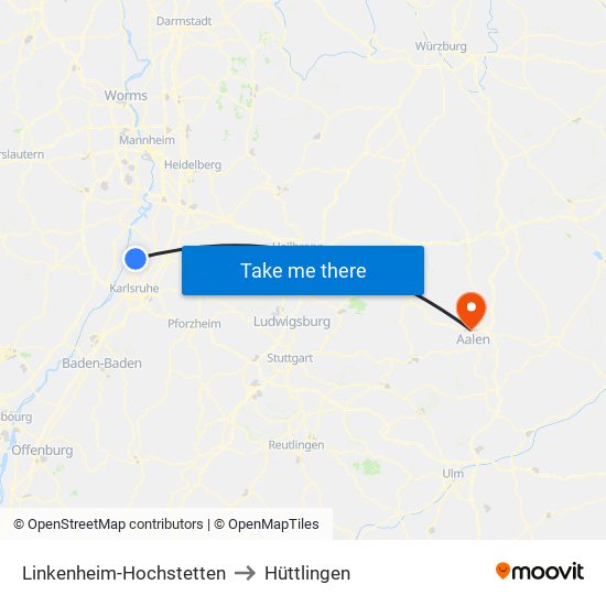 Linkenheim-Hochstetten to Hüttlingen map