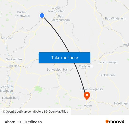 Ahorn to Hüttlingen map