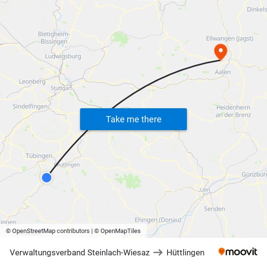 Verwaltungsverband Steinlach-Wiesaz to Hüttlingen map