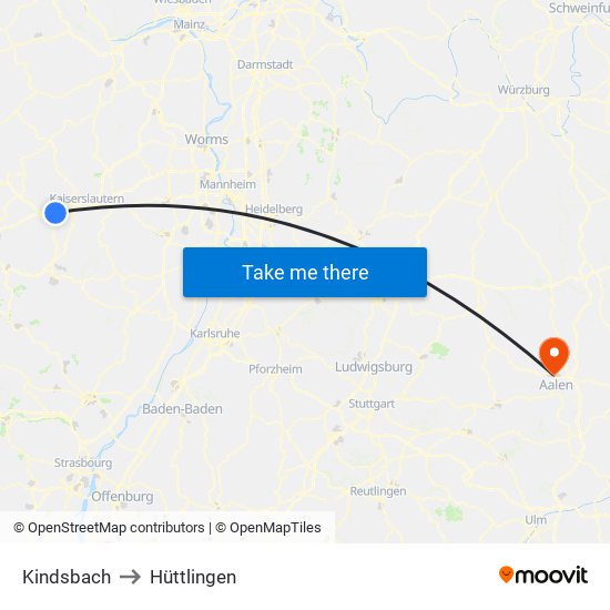 Kindsbach to Hüttlingen map