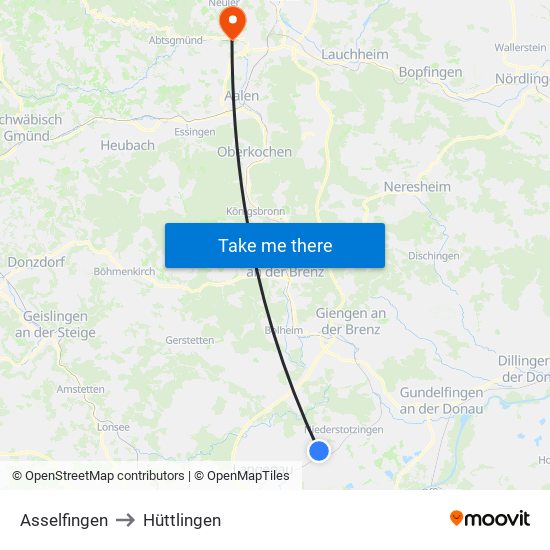 Asselfingen to Hüttlingen map