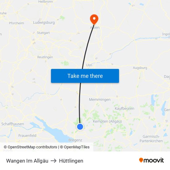 Wangen Im Allgäu to Hüttlingen map