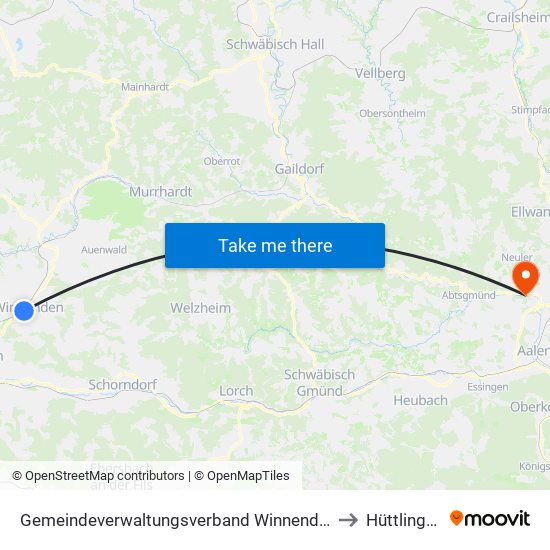 Gemeindeverwaltungsverband Winnenden to Hüttlingen map