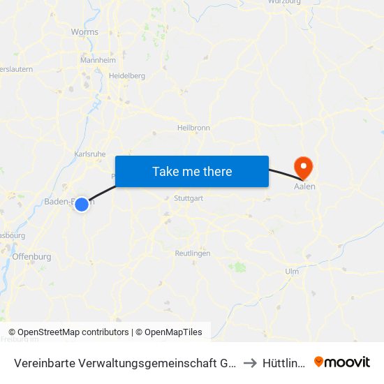 Vereinbarte Verwaltungsgemeinschaft Gernsbach to Hüttlingen map