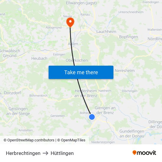 Herbrechtingen to Hüttlingen map