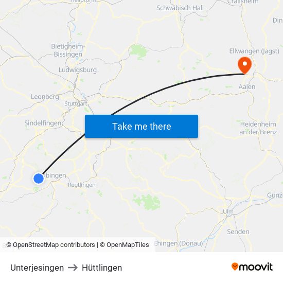 Unterjesingen to Hüttlingen map