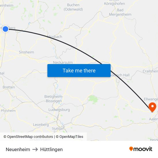 Neuenheim to Hüttlingen map