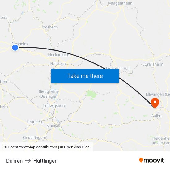 Dühren to Hüttlingen map