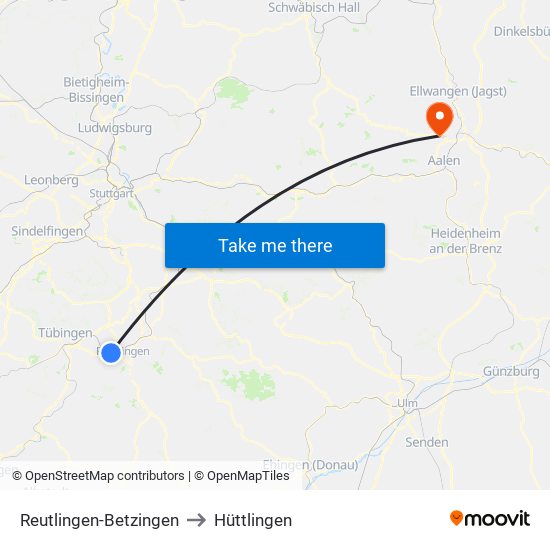 Reutlingen-Betzingen to Hüttlingen map