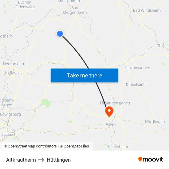 Altkrautheim to Hüttlingen map