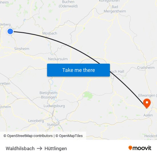 Waldhilsbach to Hüttlingen map