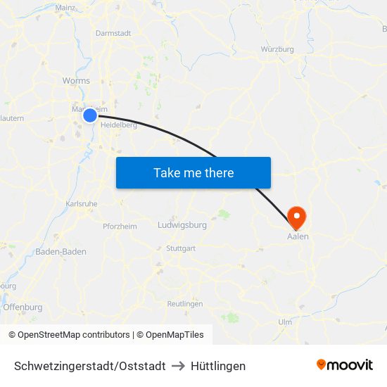 Schwetzingerstadt/Oststadt to Hüttlingen map