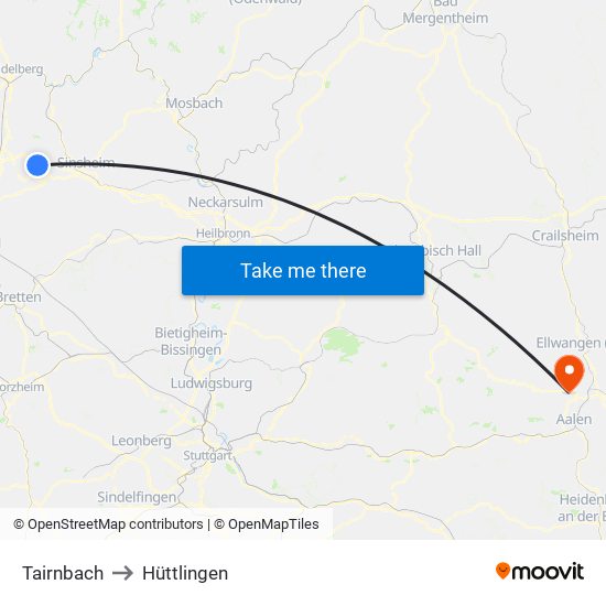 Tairnbach to Hüttlingen map