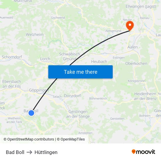 Bad Boll to Hüttlingen map
