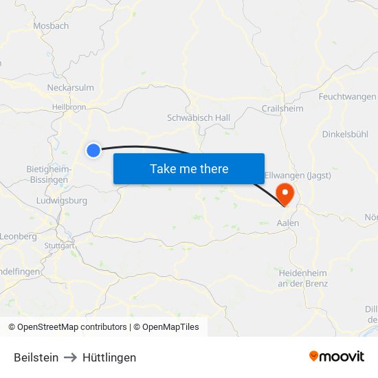 Beilstein to Hüttlingen map