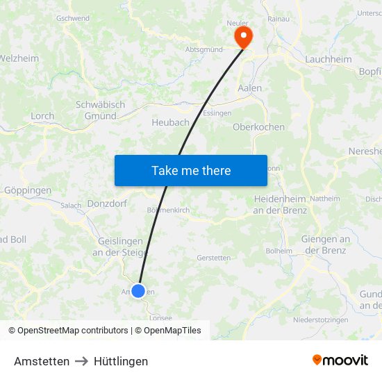 Amstetten to Hüttlingen map
