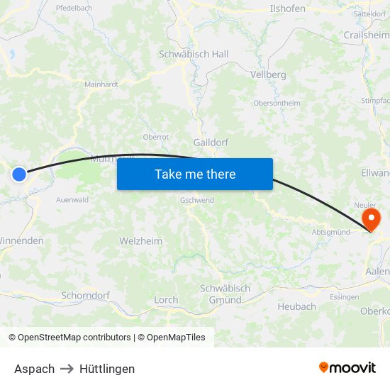 Aspach to Hüttlingen map