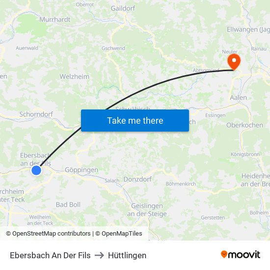 Ebersbach An Der Fils to Hüttlingen map