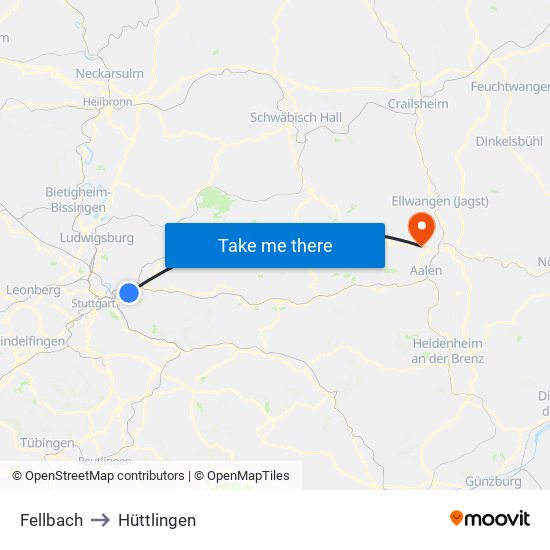 Fellbach to Hüttlingen map