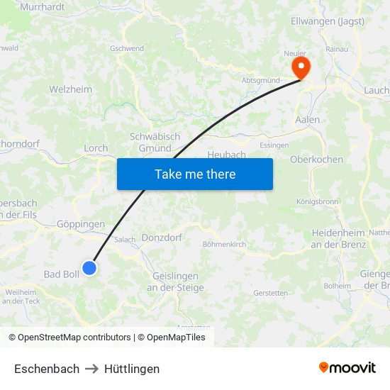 Eschenbach to Hüttlingen map