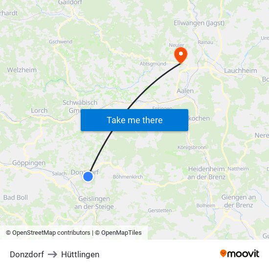 Donzdorf to Hüttlingen map