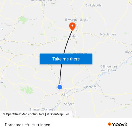 Dornstadt to Hüttlingen map